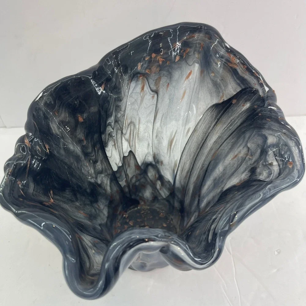 Vintage‎ Murano Style Handkerchief Art Glass Vase Blue Gray Copper Fleck Ruffle